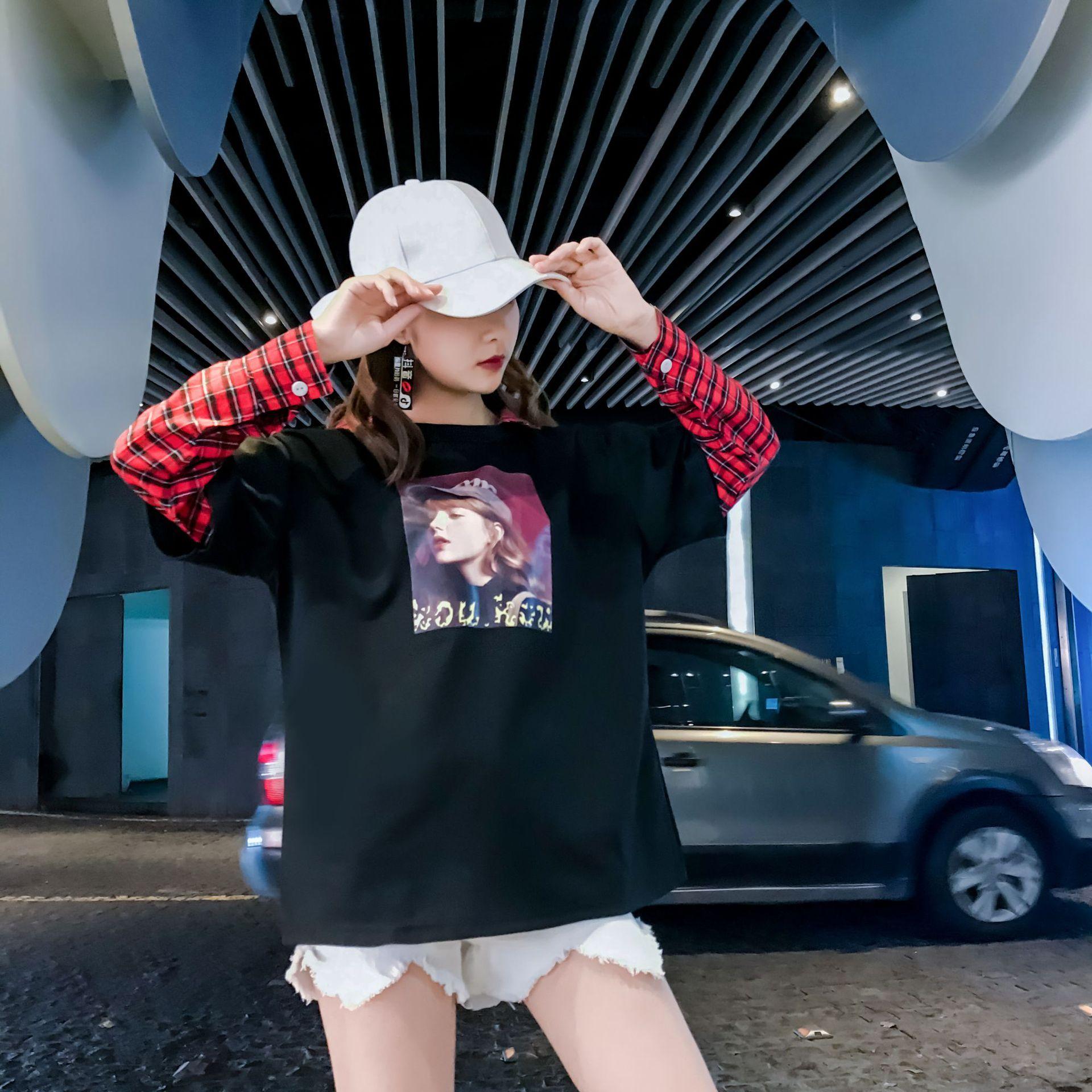 

Harajuku клетчатая рубашка с имитацией двухкомпонентного топа, осенняя рубашка с воротником и длинными рукавами, женская свободная студенческая рубашка 2XL