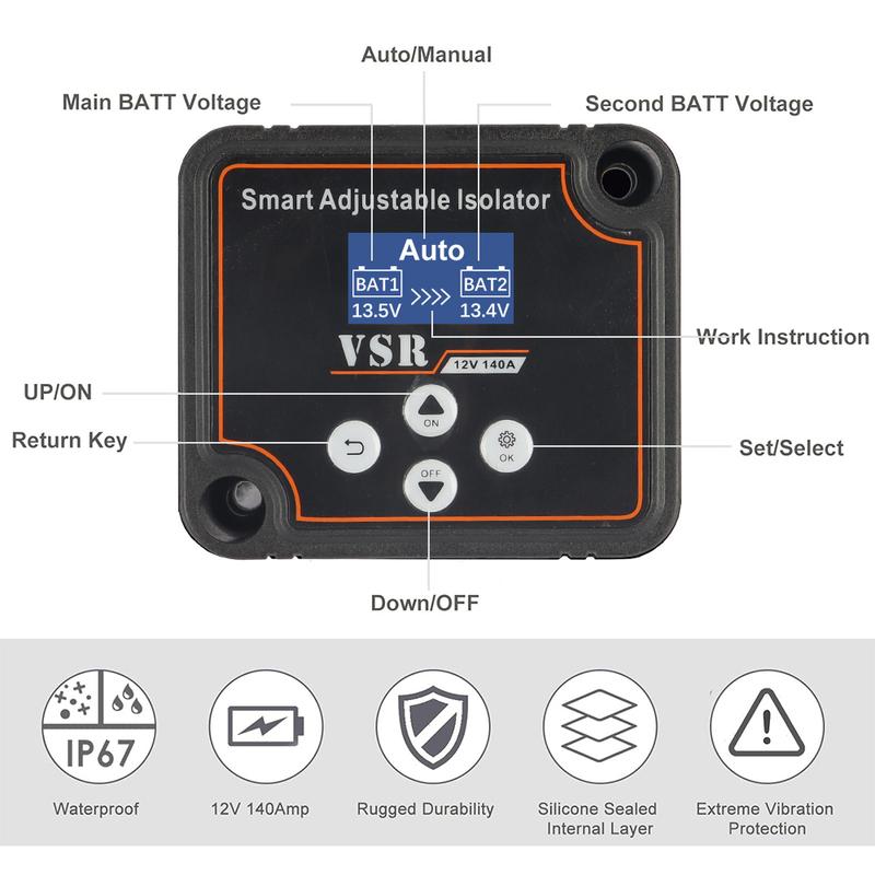 12V 140A Adjustable Dual Battery Isolator Split Charge Dual Battery Smart Isolator LCD Display Voltage Setting For Camper Car RV