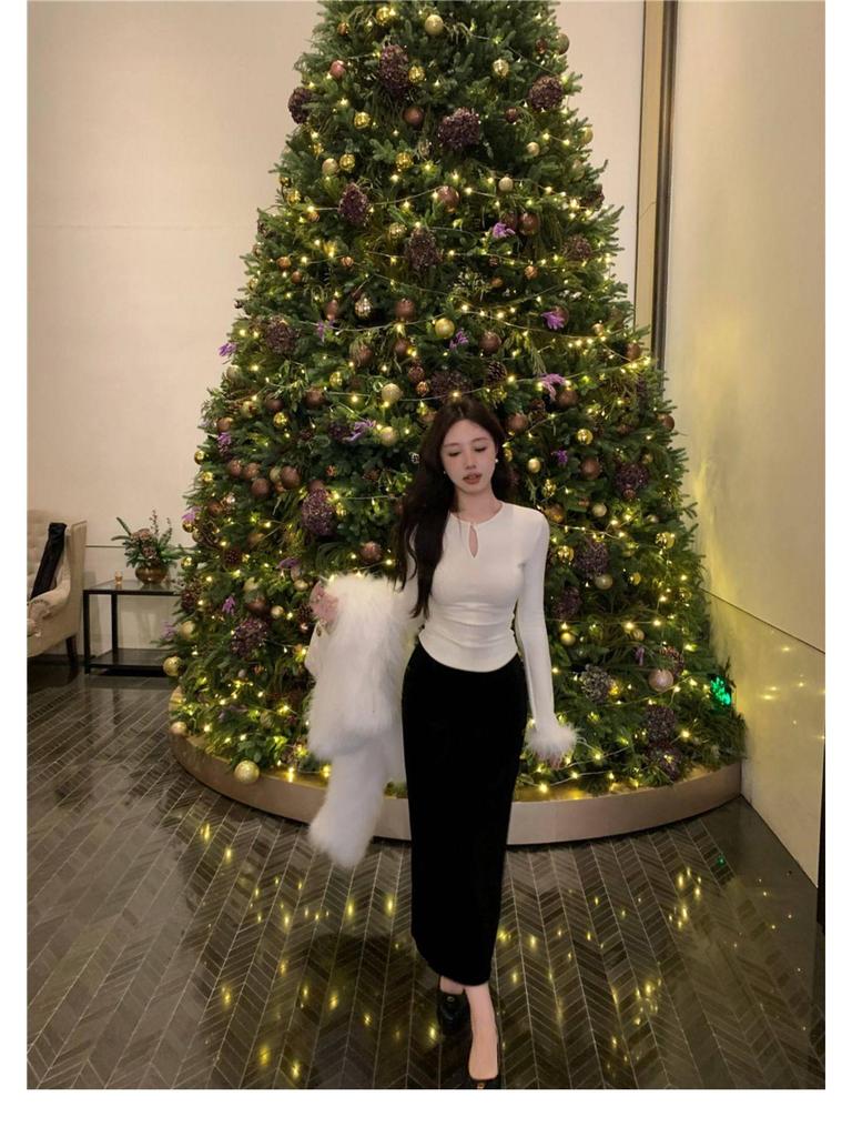 Women's Korean Style White Fluffy Long Sleeve Base Layer Top for Autumn/Winter - Slim Fit, Stylish, and Suitable as Outerwear