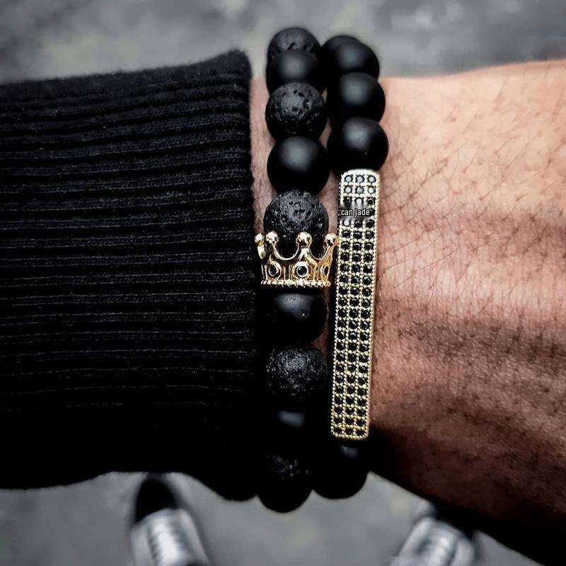Matte Black Cubic Zirconia Ball & UFO Pendant Braided Bracelet Set