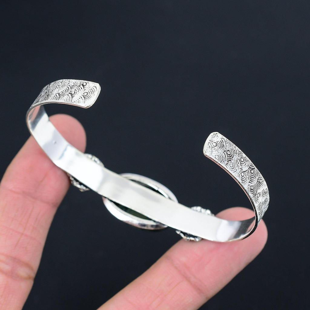 Natural Kambaba Jasper Gemstone Bangle Green Adjustable 925 Sterling Silver