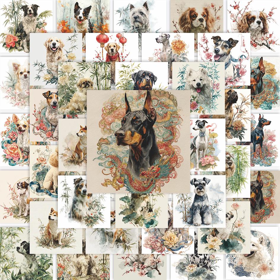 

63 Sheets of Ancient Style Chinese Watercolor Stickers with Floral and Puppy Designs for Journals, Water Cups, and Cute Decor No