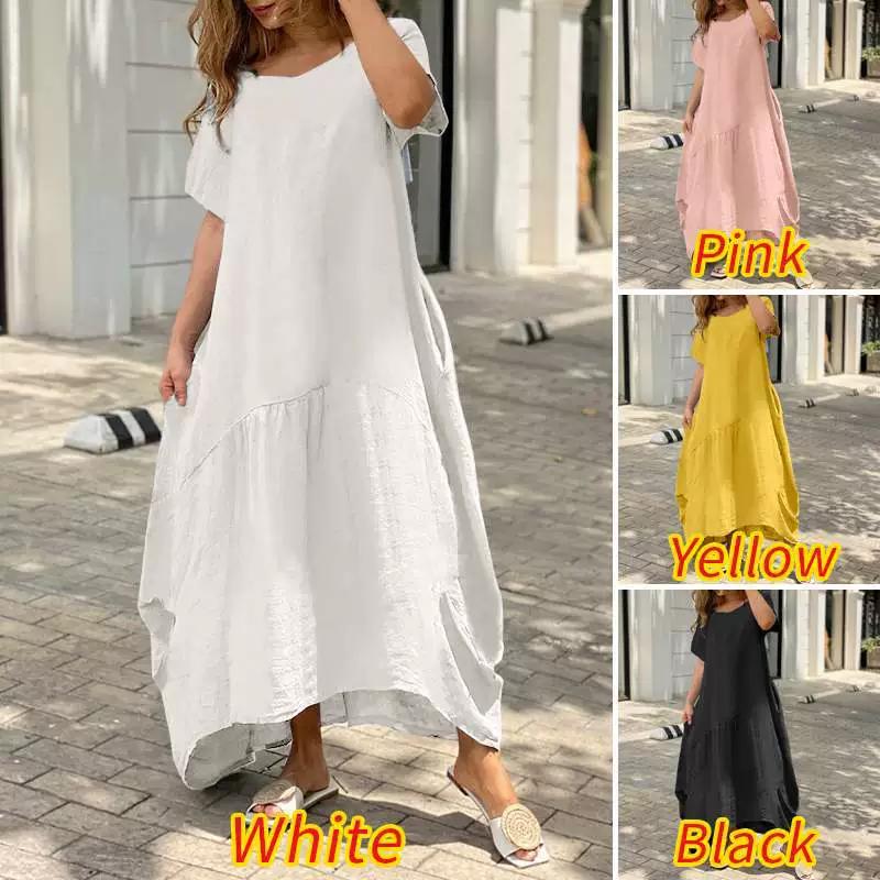 

Women s Summer Plus Size Long Dress V Neck Short Sleeve Maxi Dress Loose Cotton Linen Maxi Dress 5XL жовтий