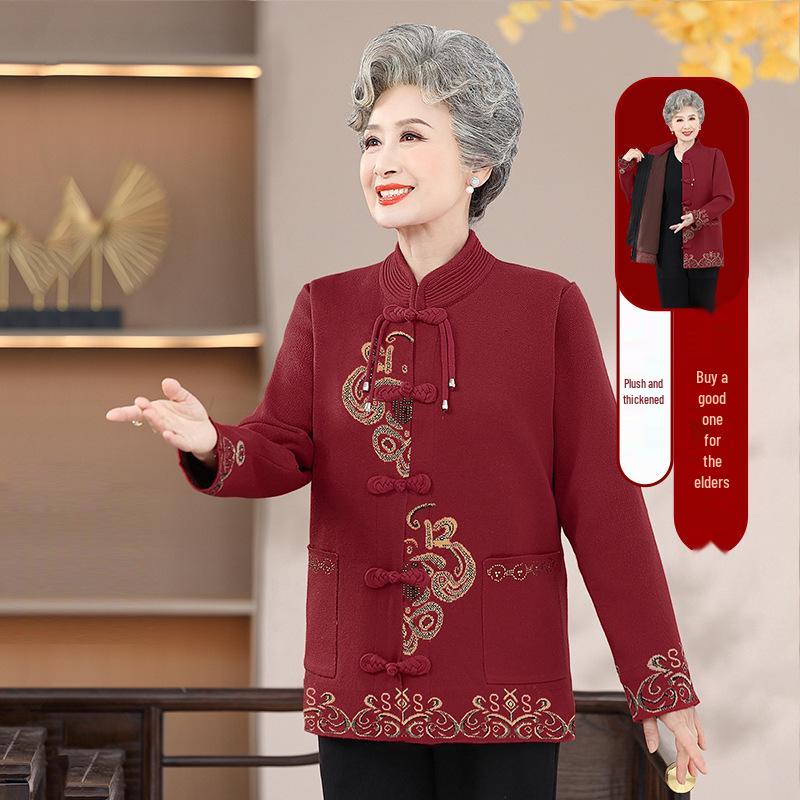 Women's Knitted Jacquard Sweater - Chinese Style Frog Button, Plus Velvet, Autumn/Winter Coat for Middle-aged and Elderly