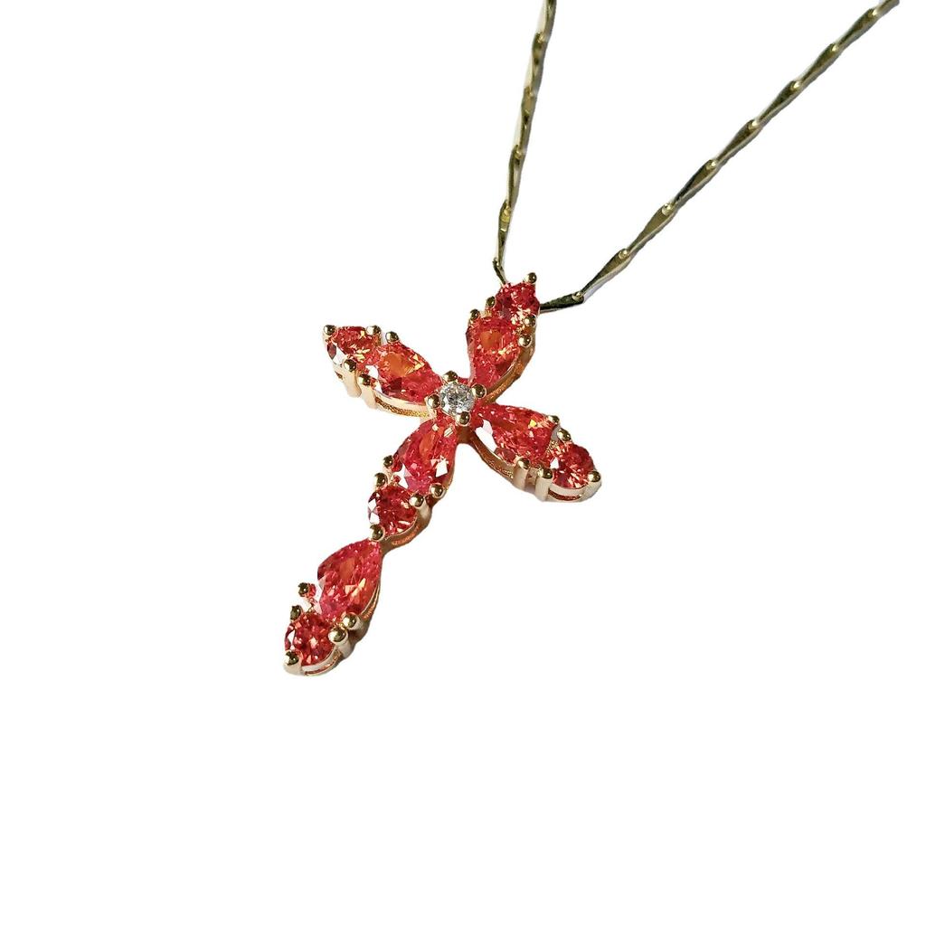 Retro Pigeon Blood Ruby Cross Pendant Clavicle Chain Necklace
