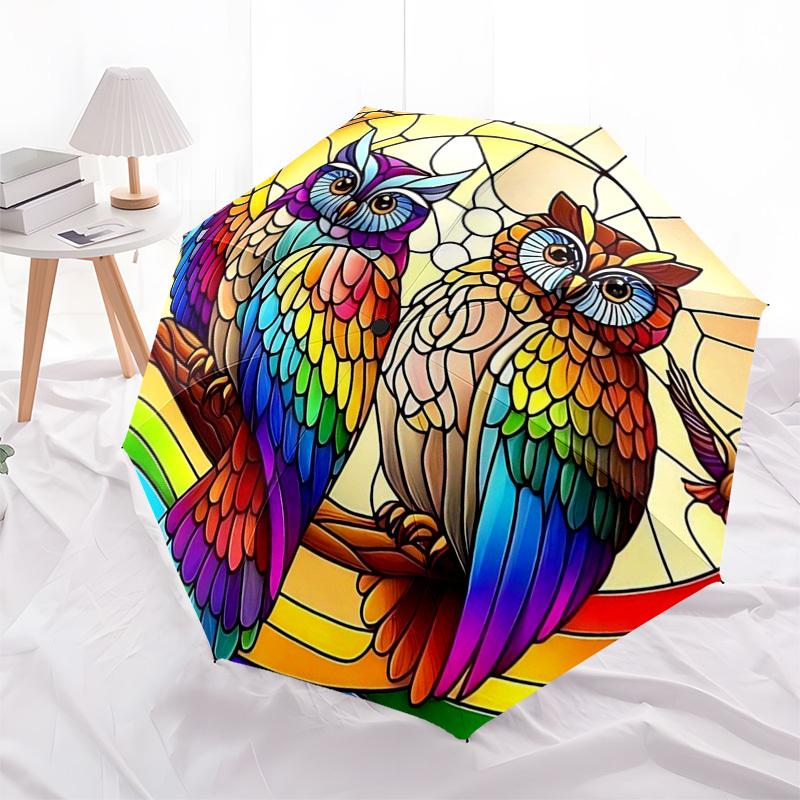 1pc Rainbow Stained Glass Owl Design Automatic Folding Umbrella - Portable 3-Fold Design with 8-Bone Iron Frame, Perfect for Outdoor Use, Festive Gift