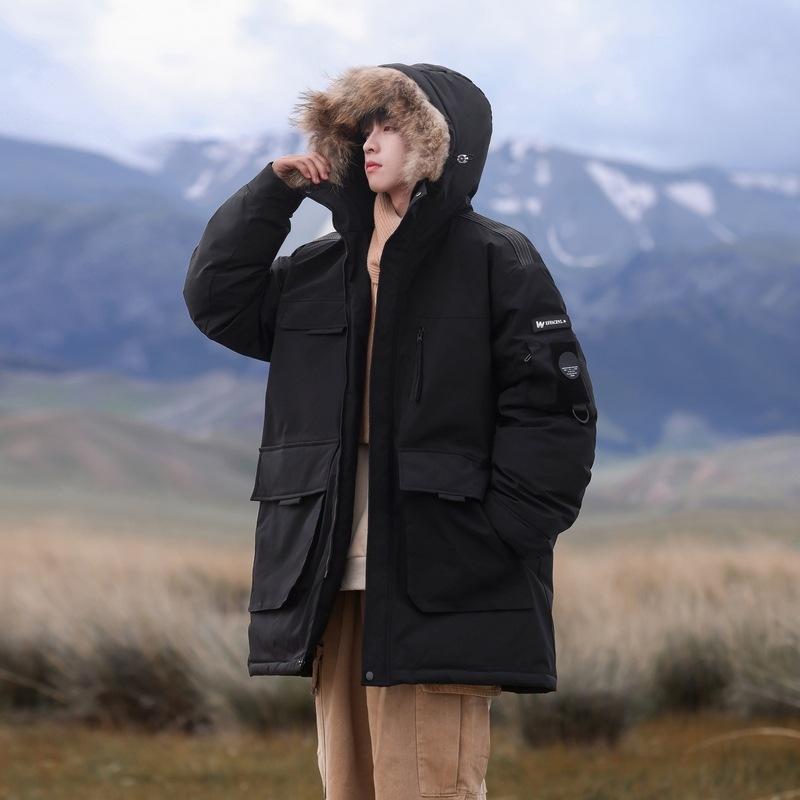 Down jacket hooded trendy fashion medium and long thickened warm couple winter new men's fur collar tooling