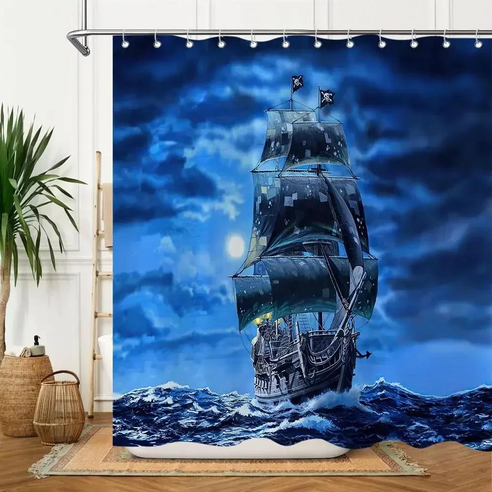 Norse Vikings Ship Shower Curtain Fantasy Boat Art Black and White Color Sailing Dragon Ship Curtain for Bathroom with Hooks