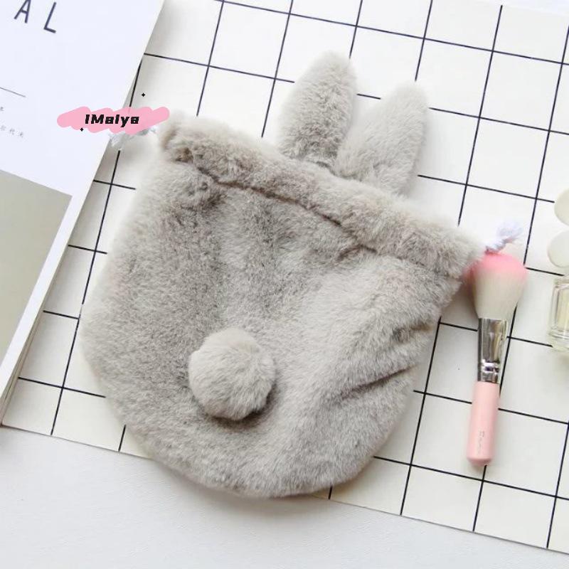M-1Pcs Pocket Drawstring Bag Cute Bunny Plush Rabbit Ear Pouch With Fluffy Tail-Like Tassel Sweet Kawaii Makeup Bag Accessory