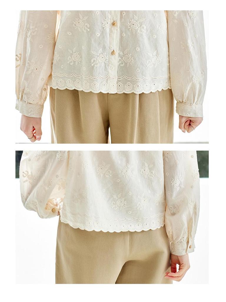 Women's Elegant Apricot Embroidered Cotton Long Sleeve Shirt with Wood Ear Collar - 2026 Spring Collection