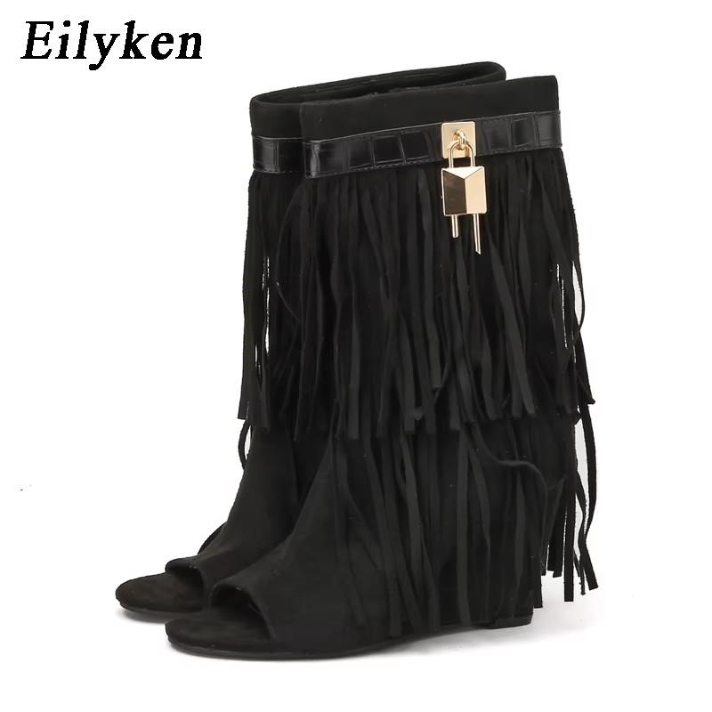 Mode Eilyken Frühling Sommer Design FRANSEN Keilabsätze High Heels Damen Stiefel Sandalen Reißverschluss Peep Toe Bankett Party Kleidschuhe