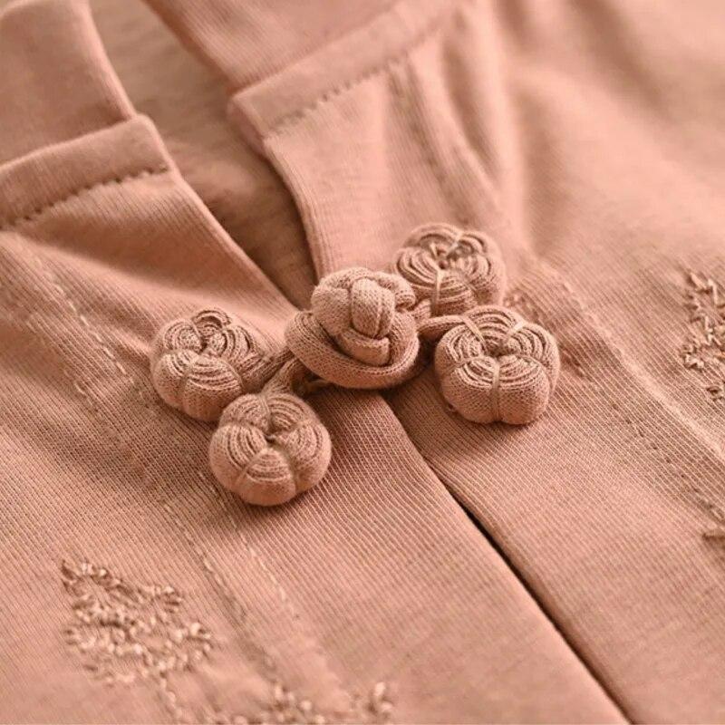 Johnature Bluze de primăvară în stil chinezesc pentru femei, cu broderie florală, cămăși vintage, cu nouă mâneci, culoare uni, cu butoni