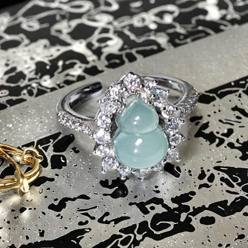 Gourd Imitation Jadeite Open Ring Women'S Niche Design High-End Light Luxury Full Diamond Zircon Ring