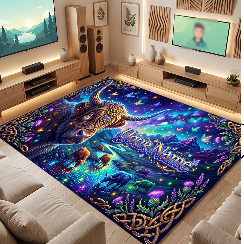 Highland Cow Theme Soft Crystal Velvet Rug Custom Name & Text Print Non Slip Floor Rug for Bedroom Living Room
