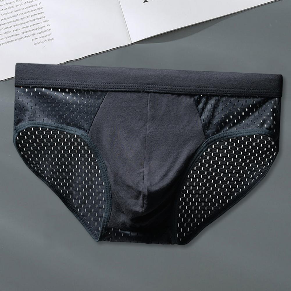 Men Briefs Mid-rise Elastic Waist Mesh Stitching Ice Silk Panties Breathable Solid Color U-Convex Underwear Daily Wear