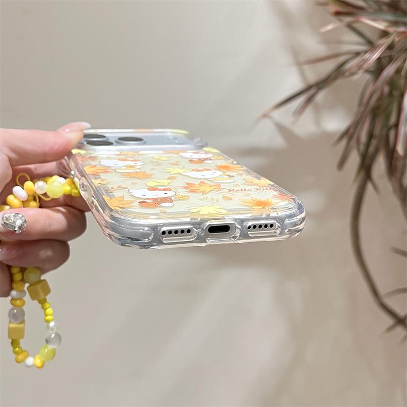 Hello Kitty Maple Leaf Phone Case for iPhone 17/16 Pro Max/15/14 - Autumn/Winter Translucent Yellow