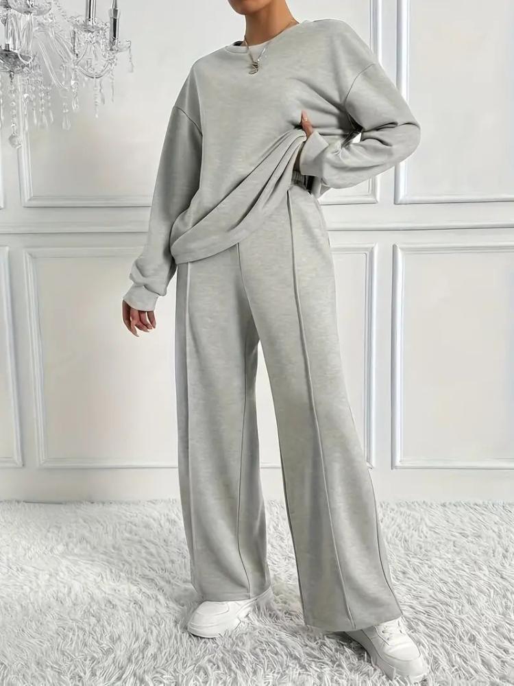 Damen Hellbraunes Relaxed Fit Rundhals Langarm Oberteil und Weitbein Hose Lounge Set