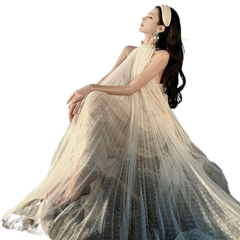 New French Lace Neck Pleated Suspender Sleeveless Dress Super Fairy Skirt Vacation Dress