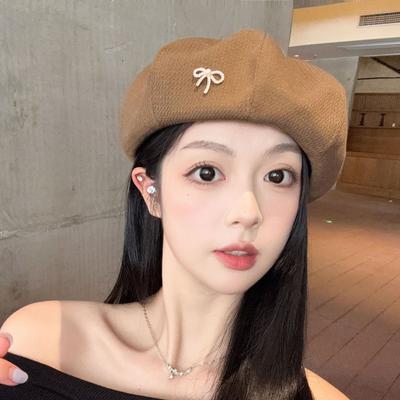 Korean Style Bow Beret for Women New Spring and Autumn All Match Painter's Hat Big Head Circumference Face Showing Small Octagonal Hat