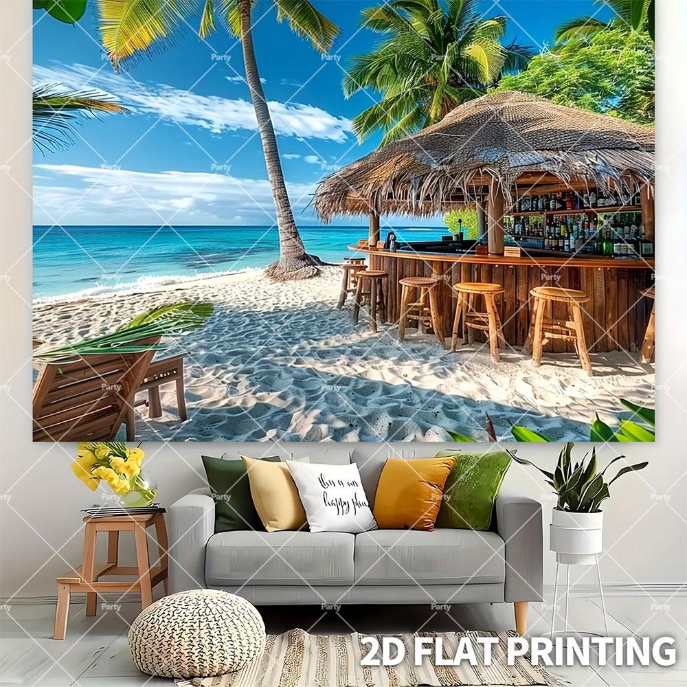Hawaiian Tropical Summer Beach Background with Flamencos, Flowers, Aloha, Luau, Surfboard, for Parties, Photographic Studio Decoration