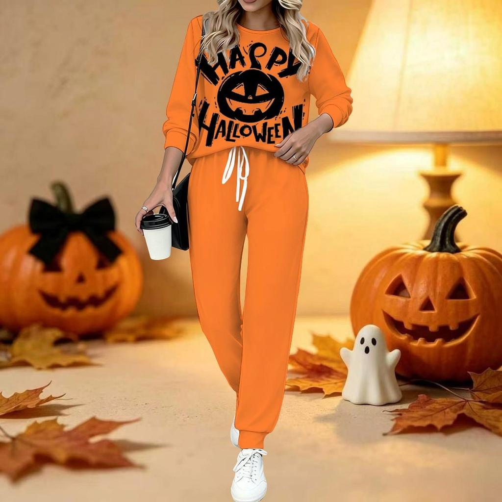 Damski dwuczęściowy strój z nadrukiem na Halloween, Top z długim rękawem i okrągłym dekoltem oraz spodnie dresowe z ściągaczem, Casualowy dres na wiosnę i jesień