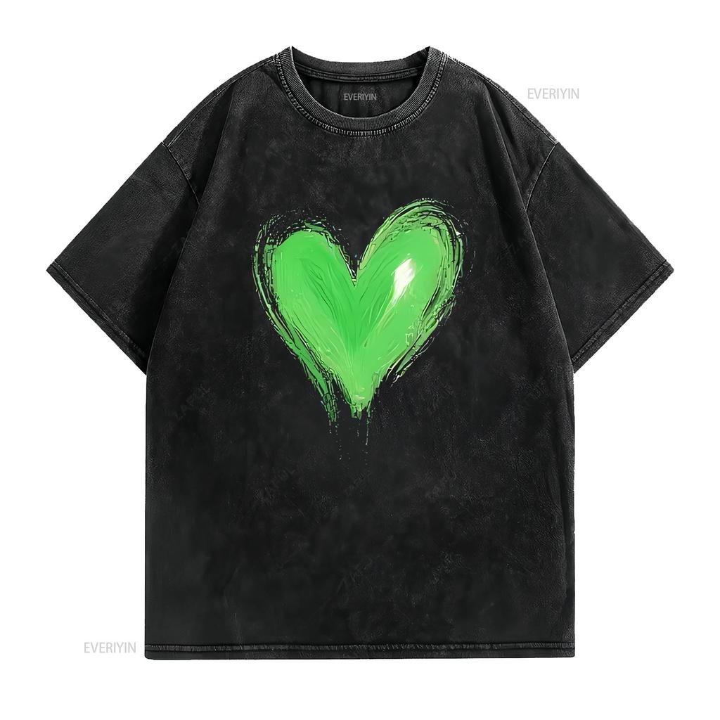 Vibrant Green Heart on Black T Shirt Bold Eye Catching Design vintage Washed Stretched designer clothes Unisex Comfortable
