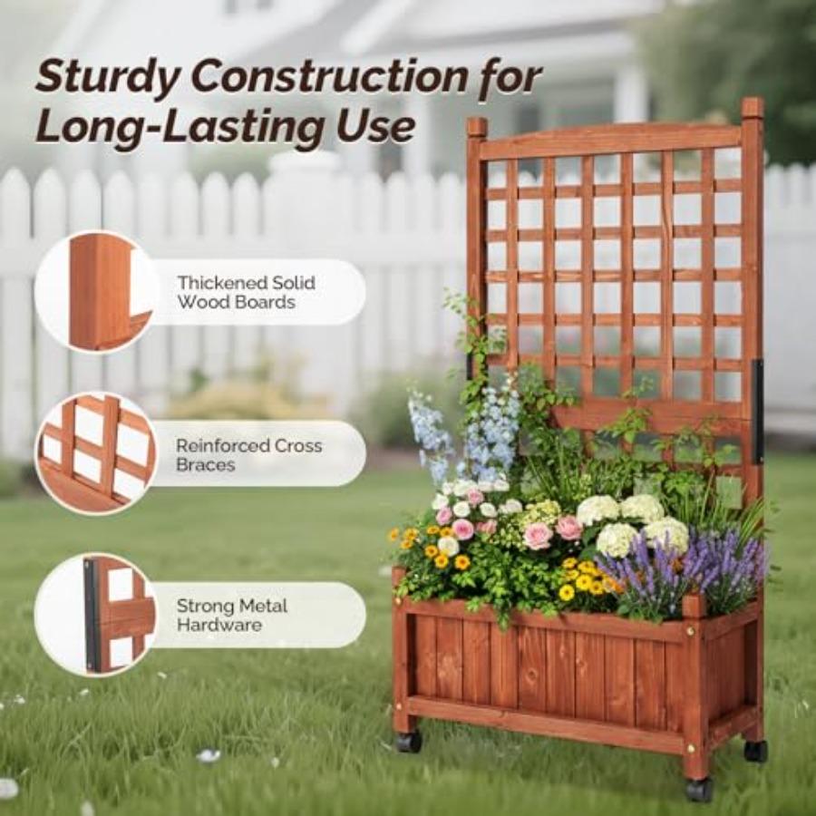 50 Height Wooden Planter with Trellis and Wheels for Garden Patio Balcony Free-Standing Elevated Planter Box with Drainage Hole