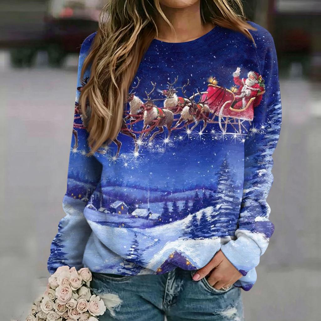 Women's Casual Christmas Print Neck Raglan Long Sleeve Pullover Sweatshirt