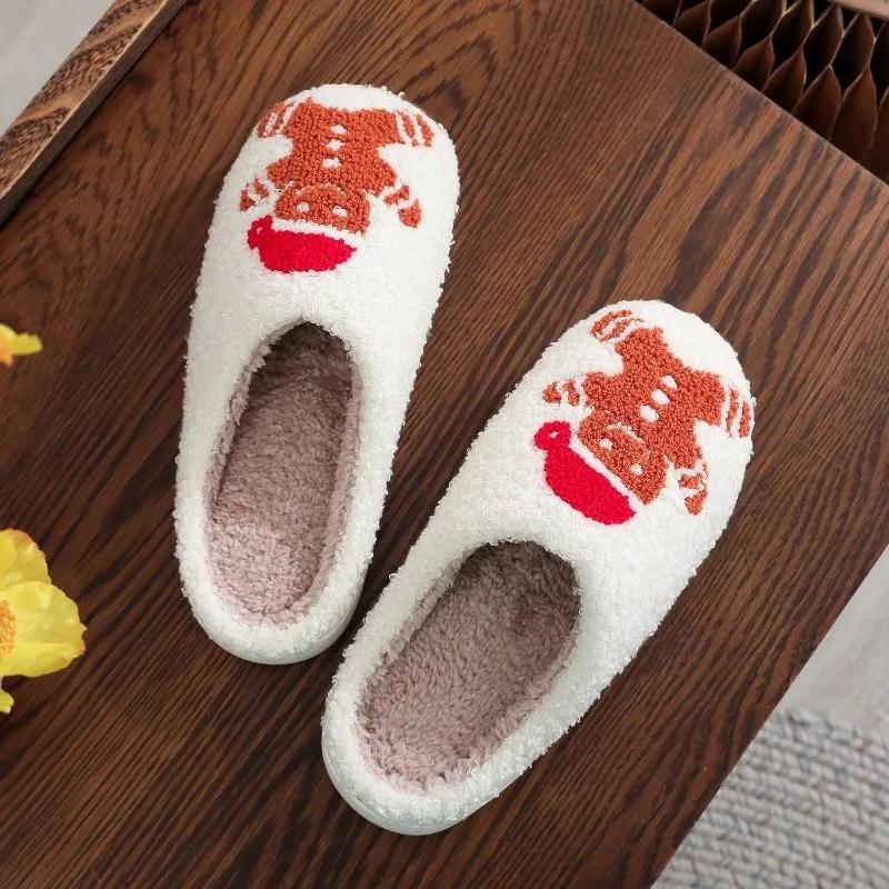 fashion Christmas lovely Plush Slippers Women's Winter Warm Cute Gingerbread Man Home Slippers Funny Slippers Non Slip Cotten Shoes