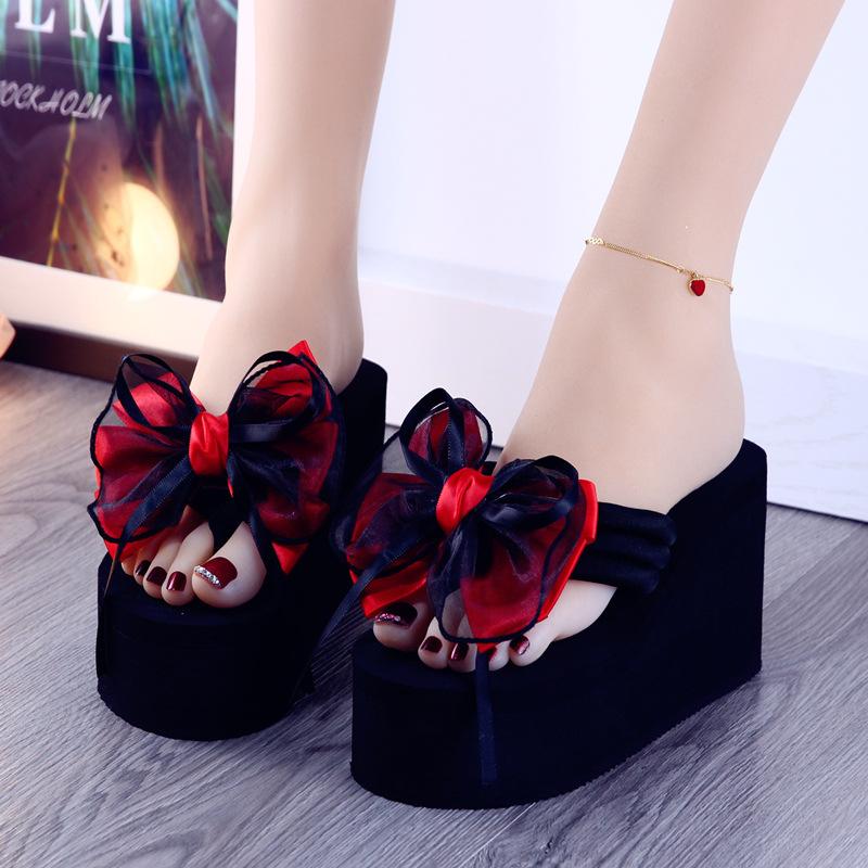 Fashion Women's 8CM Slope Heel Slippers Thick Bottom Increased Bow Casual Non slip Slippers Summer High Heels Pinch Foot Beach Slippers