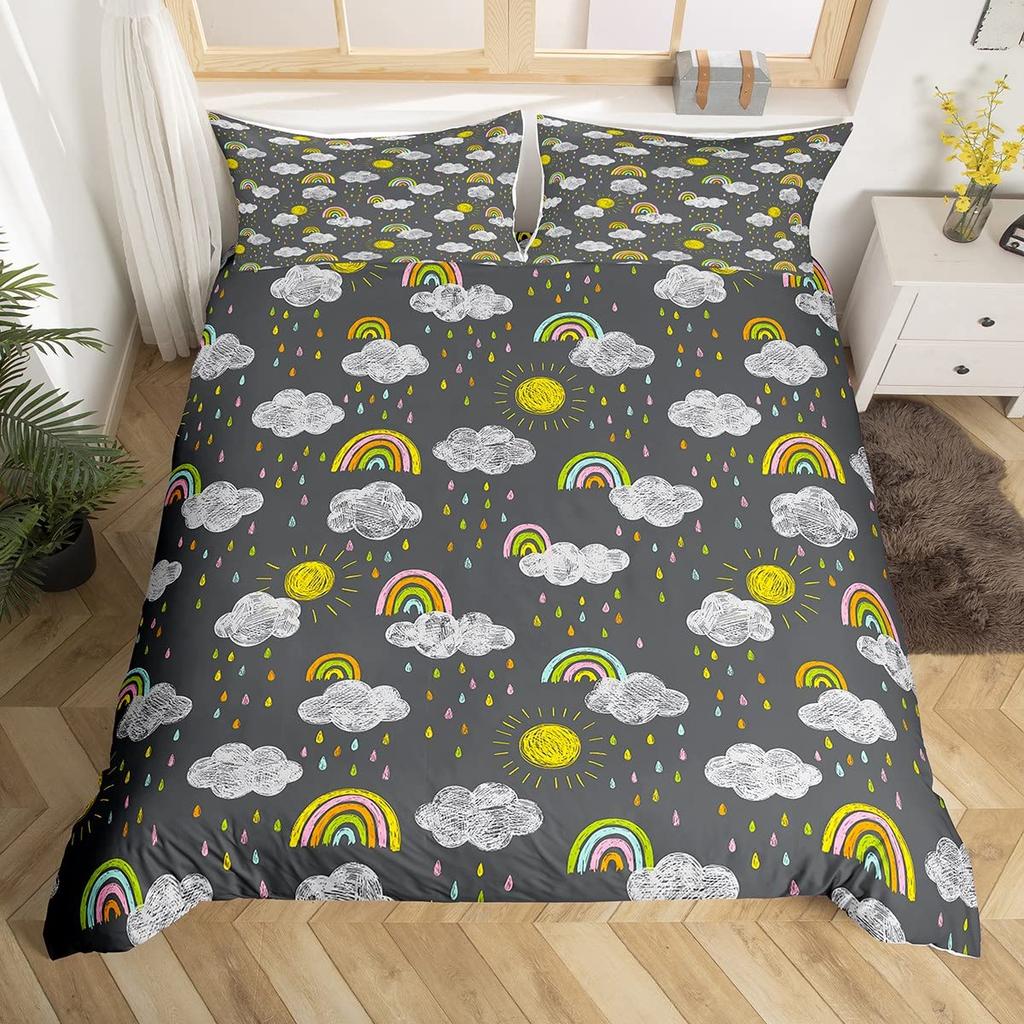 Rainbow King Queen Duvet Cover Colorful Rainbows Bedding Set Watercolor Floral Butterfly Comforter Cover Polyester Quilt Cover