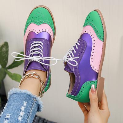 Modne skórzane buty damskie Color Block Trampki Jesienne Sznurowane Na kwadratowym obcasie Codzienne buty damskie Modne skórzane buty formalne damskie