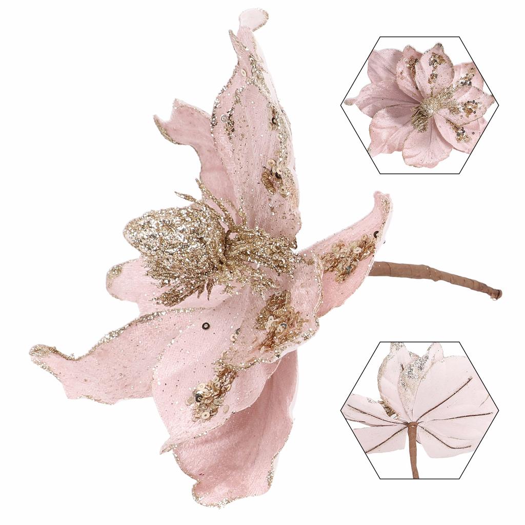 Glitter Poinsettia Flower Hanging Ornament for Christmas Tree and Seasonal Party Decoration with Cloth and Plastic Construction
