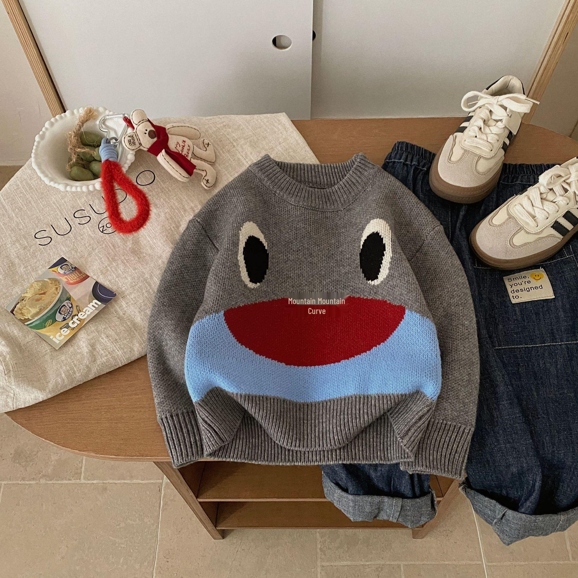 

2025 Autumn/Winter Thick Jacquard Shark Pullover Sweater for Kids with Cute Sesame Dot Design 100cm сірий колір