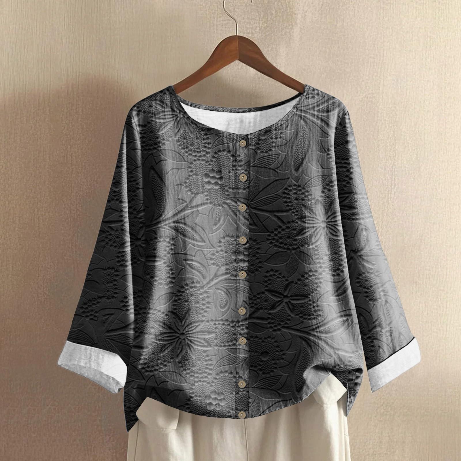 

Жіноча Модна І Повсякденна Сорочка З Довгим Рукавом Круглим Вирізом З Принтом Бавовняна Та Лляна Блузка Топ L чорний