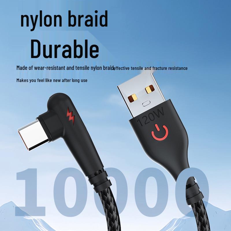 Braided 120W Super Fast Charging Type-C Elbow Cable for Huawei, Vivo, Oppo, and Honor 6A Flash Charge