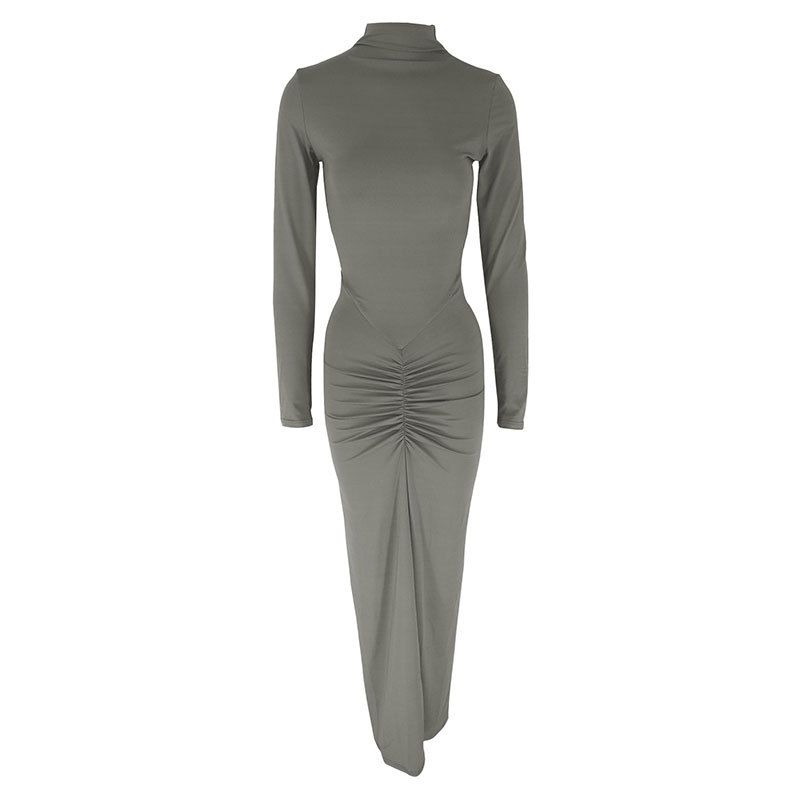 

European and American Sexy Waist Hugging Solid Long dress Temperament Pleat Dress Temperament Pleated Dress Grey L