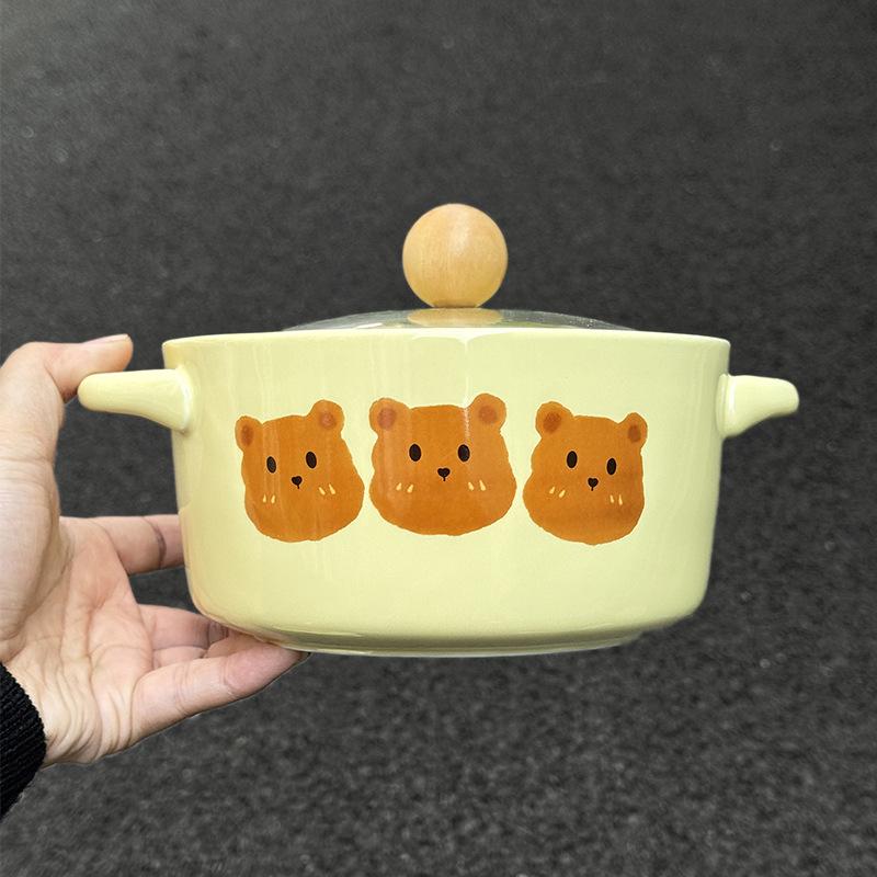Ins Cream Wind Bear Ceramic Instant Noodle Bowl Student Dormitory Instant Noodle Bowl for Girls Birthday Gift