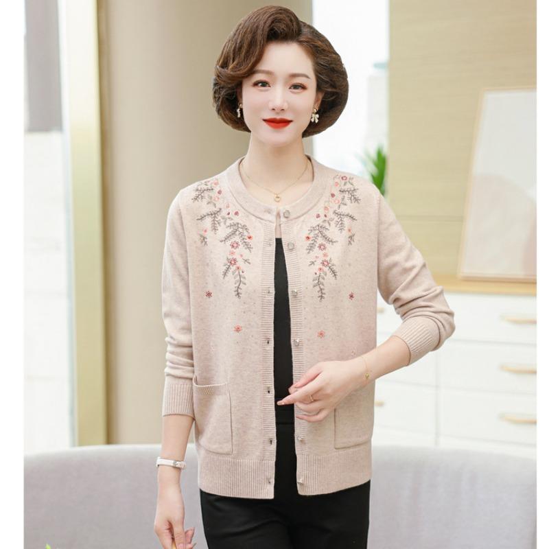 Winter Knitted Cardigan Old Lady Sweater Crew Neck Printing Loose Casual and Comfortable Women's Sweater Middle-aged Mother Autumn