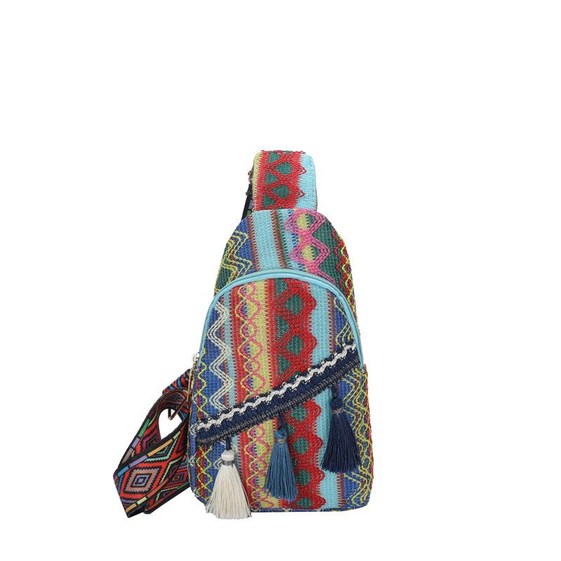 

Ethnic style woven fringed zipper women s breast bag New style fashionable simple fanny pack going out shopping messenger bag синій