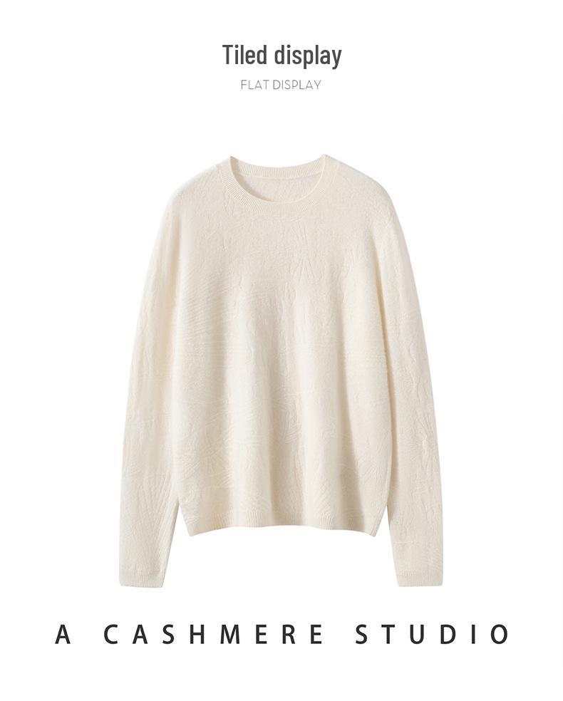 Women's Pure Cashmere Embossed Round Neck Knitwear - New Chinese Style, Loose & Versatile for Autumn/Winter