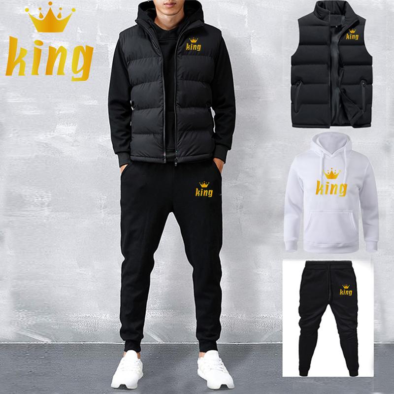 Men Women Spring and Autumn Solid Color Printed Hoodie 3 Piece Set Couple Hoodie + Vest + Pants Sportswear Set