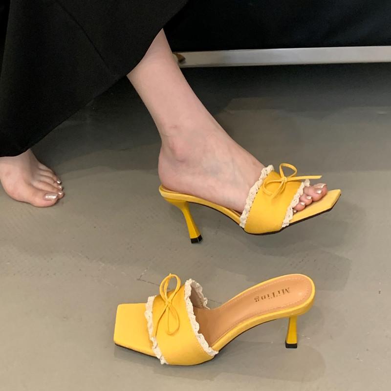 Fashion Elegant Lace Bow Decorated Brand Slipper Women Fashion Square Toe Thin Heel Slide Sandal Sweet Party Dress Shoe Zapatos De Mujer