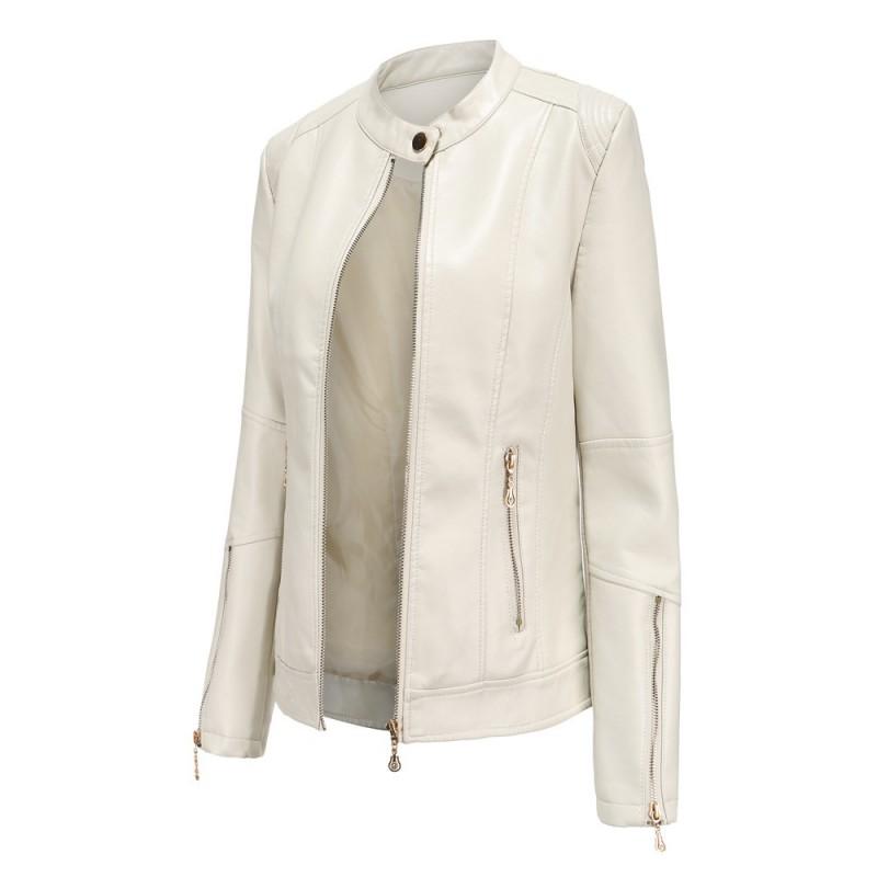 Womens PU Leather Short Jacket Stand Collar Slim Fit Casual Outerwear In Navy Blue
