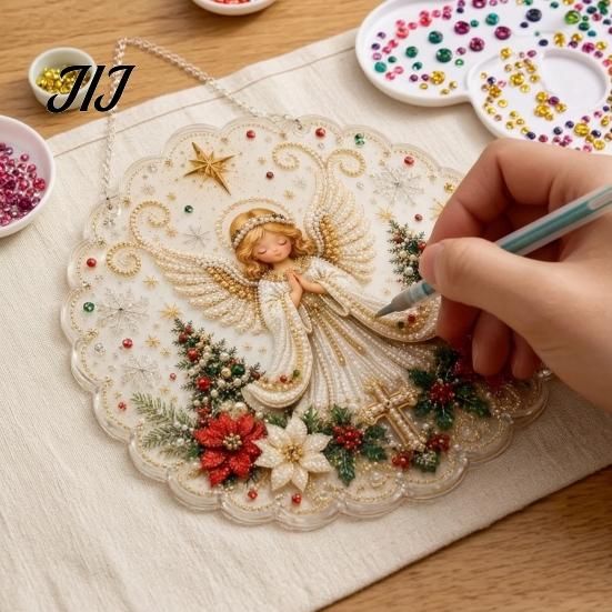 Religious Nativity Crafts Christmas Faux Pearl Painting Suncatcher Kit, 3D Nativity/Santa Claus/Bird/Tree Holiday Window Hanging Decor Beads