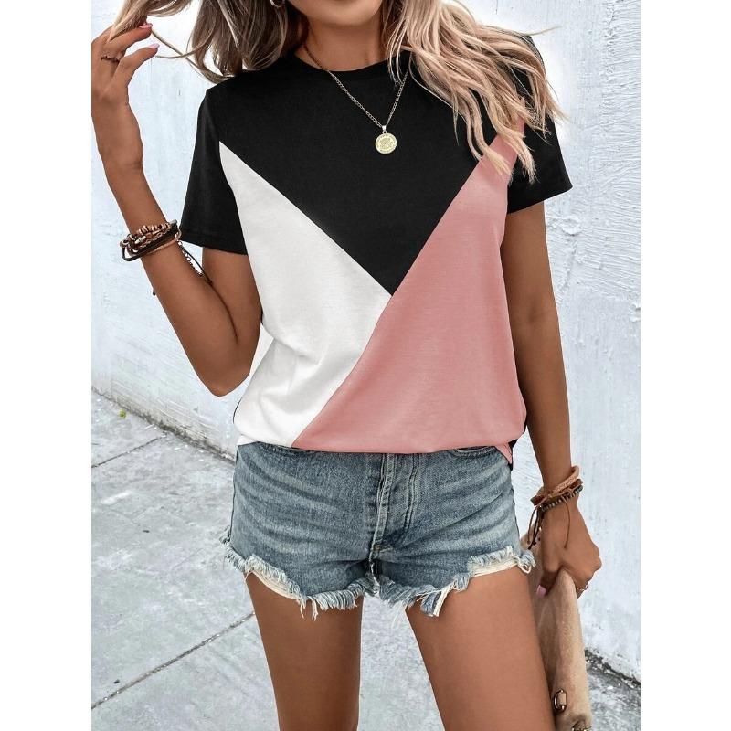 YYFS Women's Fashion Casual Summer Spring Colour Block Print Short Sleeve O-Neck Blouses & Shirts