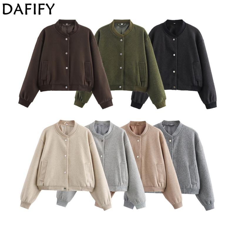 DAFIFY Moda feminina casual cor sólida estampa outono inverno manga comprida gola redonda jaquetas e casacos