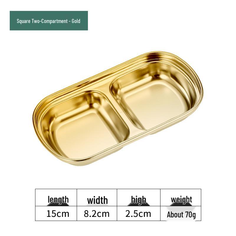Golden Korean-Style Two/Three-Compartment Sauce Dishes – 304 Stainless Steel for Kimchi, Barbecue, and Hot Pot Seasoning.