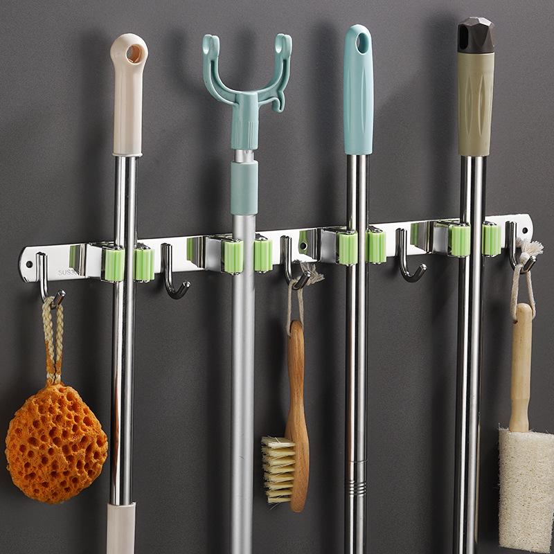 Stainless Steel Punch-Free Mop Holder with Black & Green Clips for Bathroom or Balcony Storage