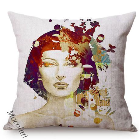 Fashion Woman Portrait Throw Pillow Case Pink Water Color Hand Painted Abstract Girl Decoration Square Cushion Cover Almofadas